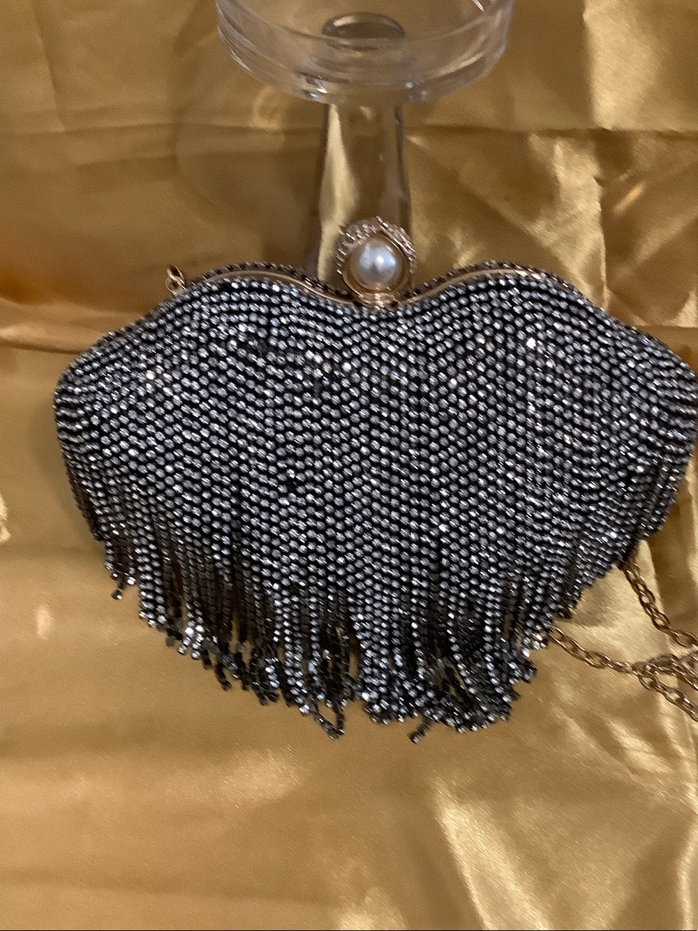 Elegant Black Crystal Fringe Evening Clutch